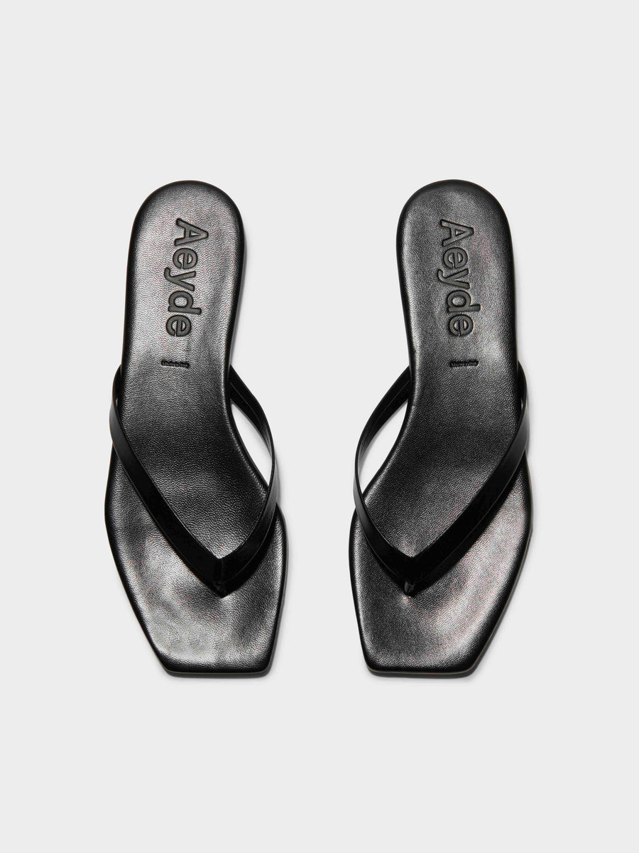 Aeyde | Renee Leather Flat Sandals for Women | Black Nappa | Square Toe | Flat Heel | Front View [x=50,y=85]