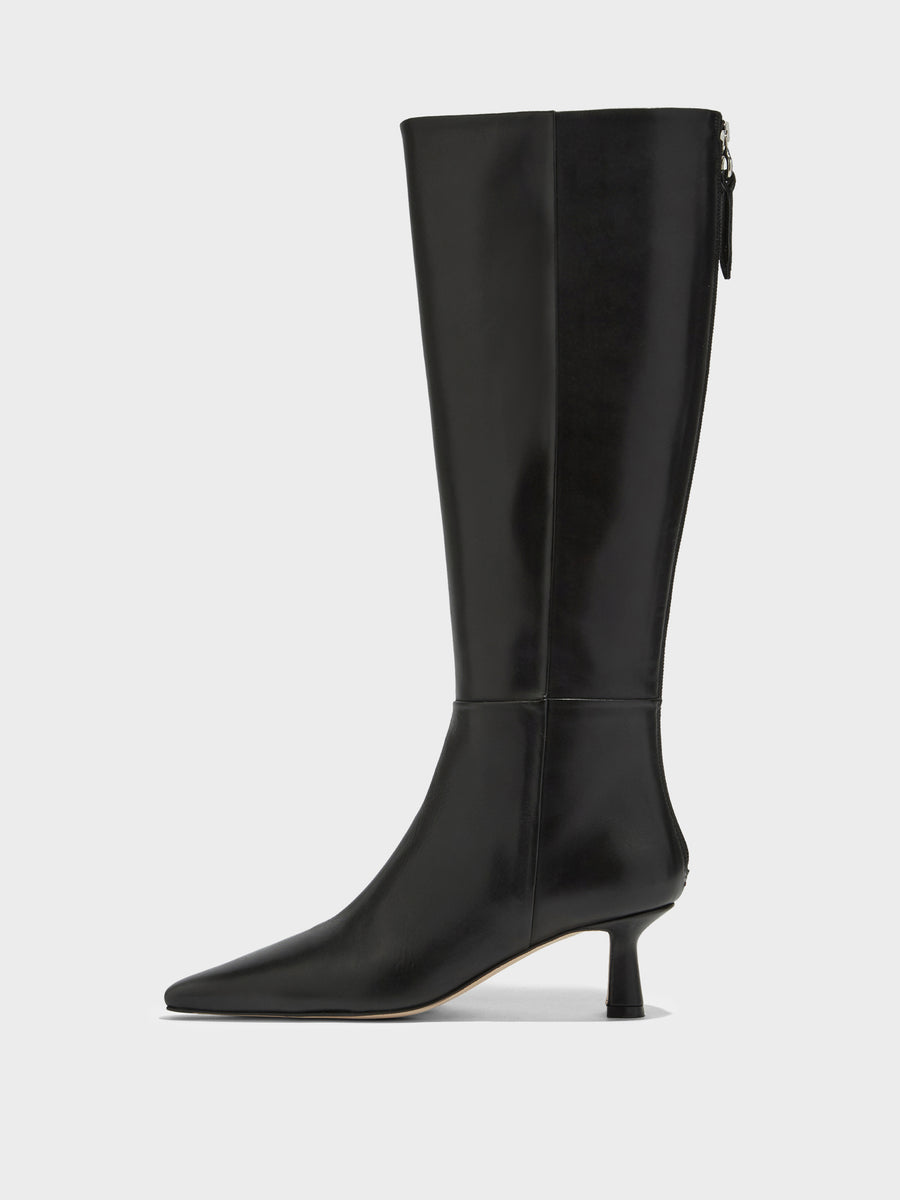 Aeyde | Rhea Leather Knee High Boots for Women | Black Calf | Pointed Toe | Mid Heel | Side View