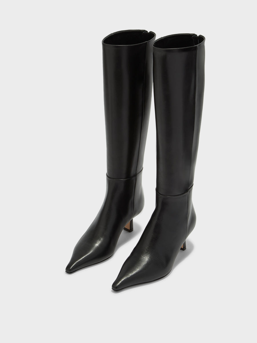 Aeyde | Rhea Leather Knee High Boots for Women | Black Calf | Pointed Toe | Mid Heel | Luxury Materials | Handmade in Italy