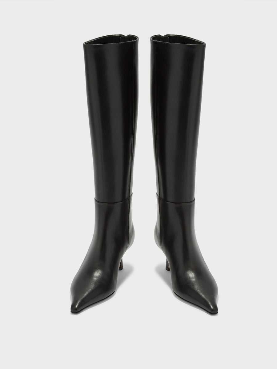 Aeyde | Rhea Leather Knee High Boots for Women | Black Calf | Pointed Toe | Mid Heel | Front View