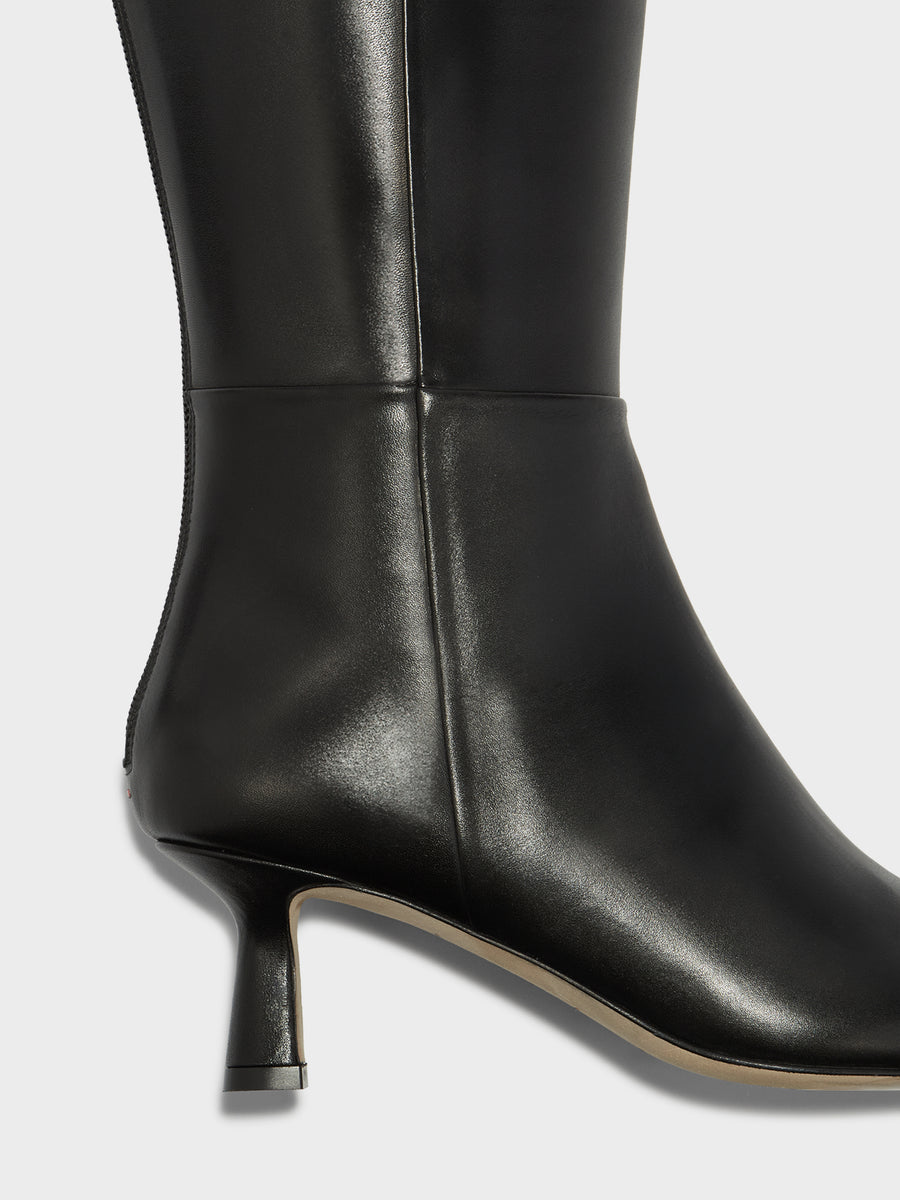 Aeyde | Rhea Leather Knee High Boots for Women | Black Calf | Pointed Toe | Mid Heel | Heel Details