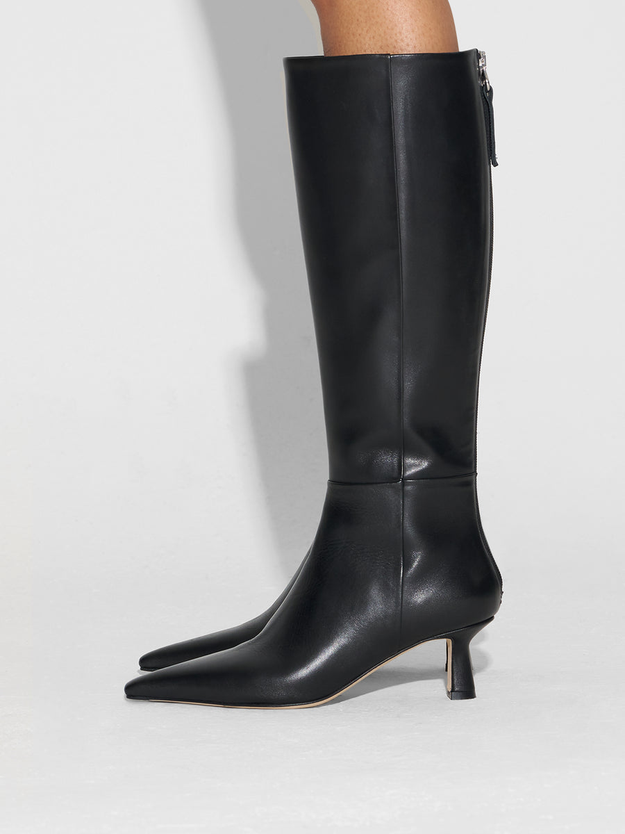 Aeyde | Rhea Leather Knee High Boots for Women | Black Calf | Pointed Toe | Mid Heel | How to Style
