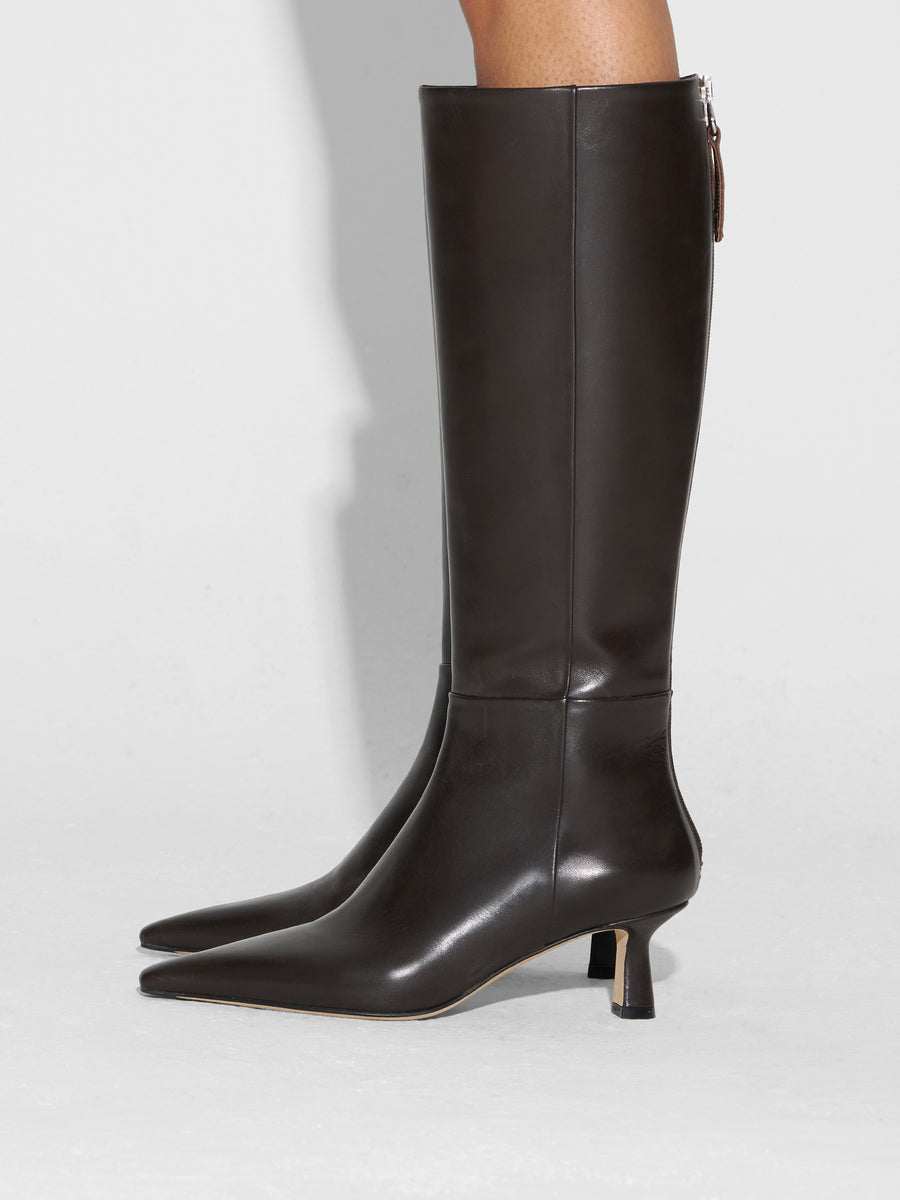 Aeyde | Rhea Leather Knee High Boots for Women | Moka Calf | Pointed Toe | Mid Heel | How to Style