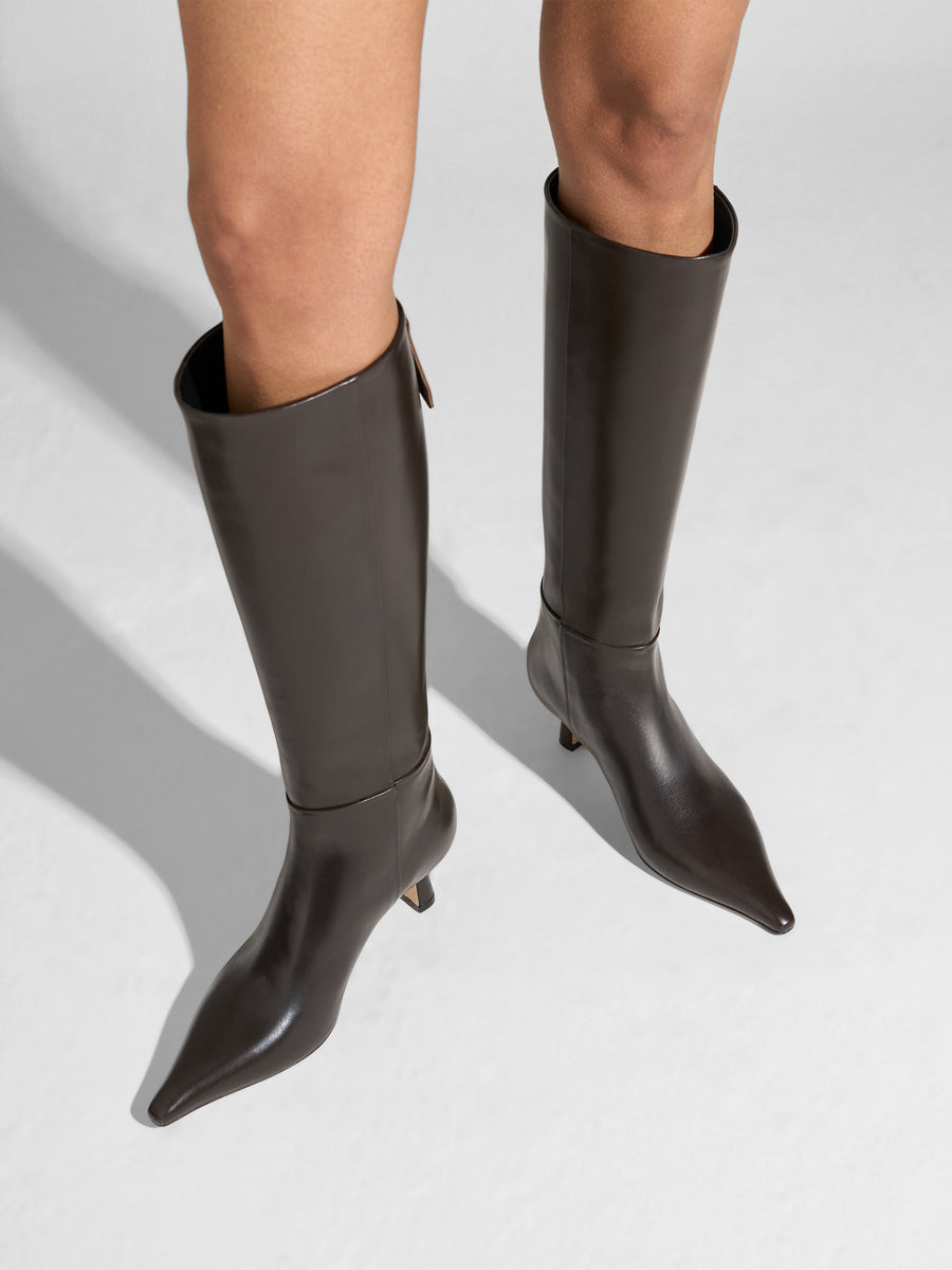 Aeyde | Rhea Leather Knee High Boots for Women | Moka Calf | Pointed Toe | Mid Heel | On Feet