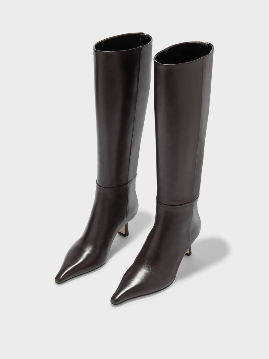 Aeyde | Rhea Leather Knee High Boots for Women | Moka Calf | Pointed Toe | Mid Heel | Luxury Materials | Handmade in Italy