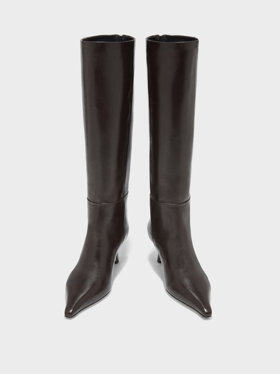 Aeyde | Rhea Leather Knee High Boots for Women | Moka Calf | Pointed Toe | Mid Heel | Front View