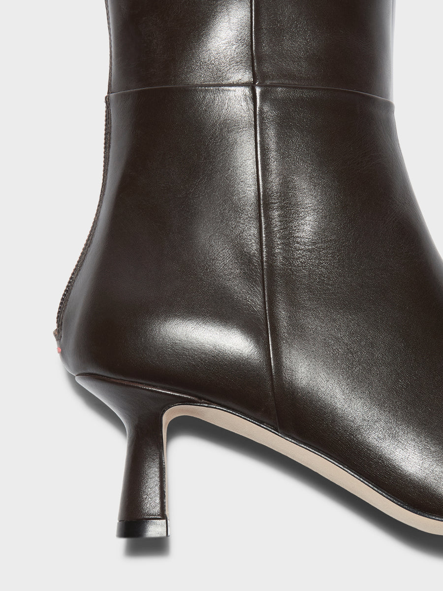 Aeyde | Rhea Leather Knee High Boots for Women | Moka Calf | Pointed Toe | Mid Heel | Heel Details