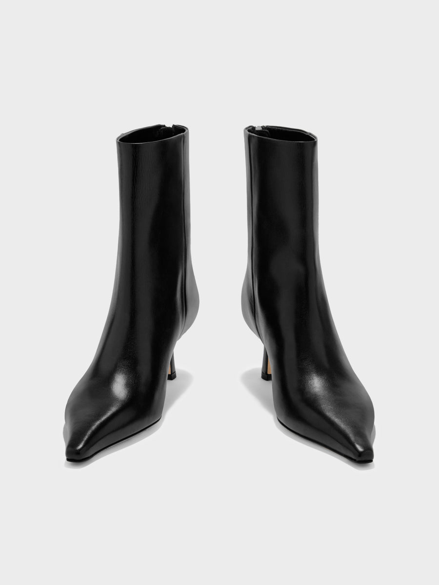 Aeyde | Rowan Leather Ankle Boots for Women | Black Calf | Pointed Toe | Mid Heel | Front View