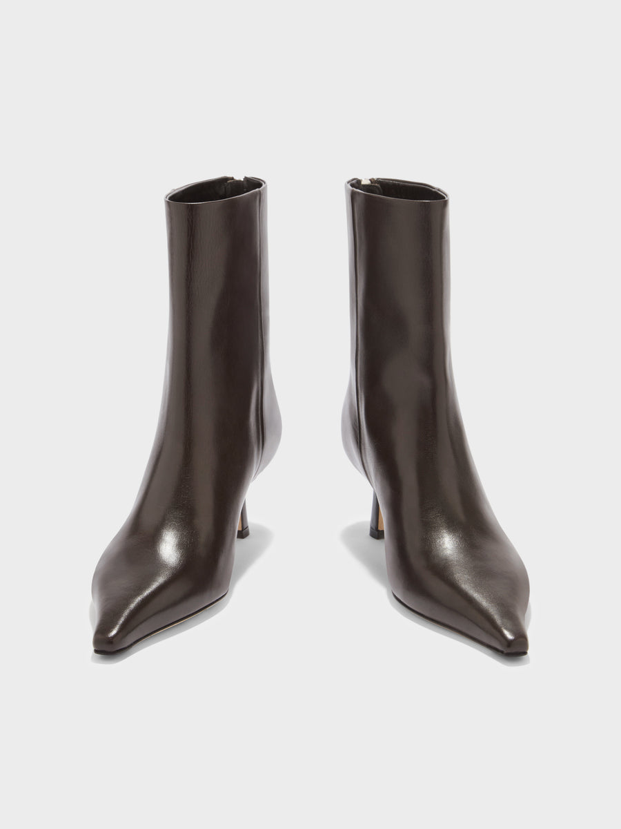 Aeyde | Rowan Leather Ankle Boots for Women | Moka Calf | Pointed Toe | Mid Heel | Front View
