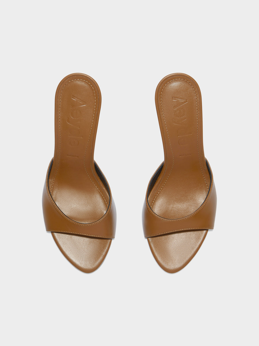Aeyde | Samia Leather Heeled Sandals for Women | Tobacco Nappa | Round Toe | High Heel | Front View