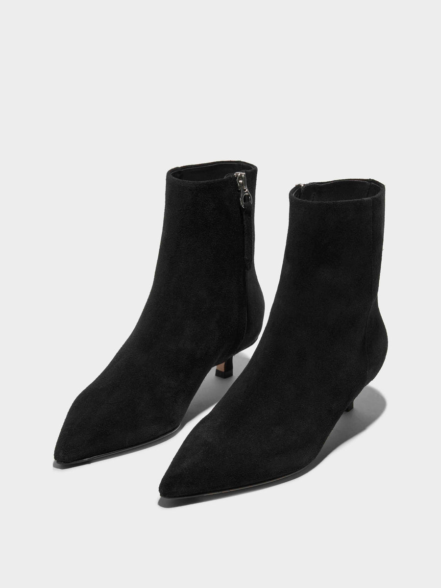 Aeyde | Sofie Leather Ankle Boots for Women | Black Suede | Pointed Toe | Low Heel | On Feet [x=50,y=42]