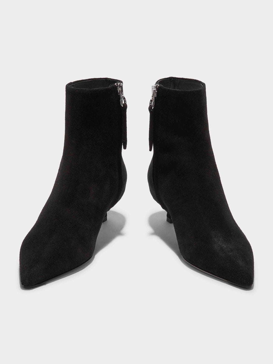 Aeyde | Sofie Leather Ankle Boots for Women | Black Suede | Pointed Toe | Low Heel | Front View [x=50,y=42]