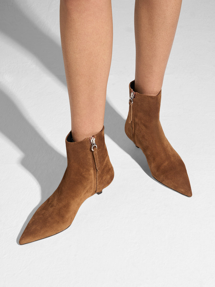 Aeyde | Sofie Leather Ankle Boots for Women | Tobacco Suede | Pointed Toe | Low Heel | On Feet