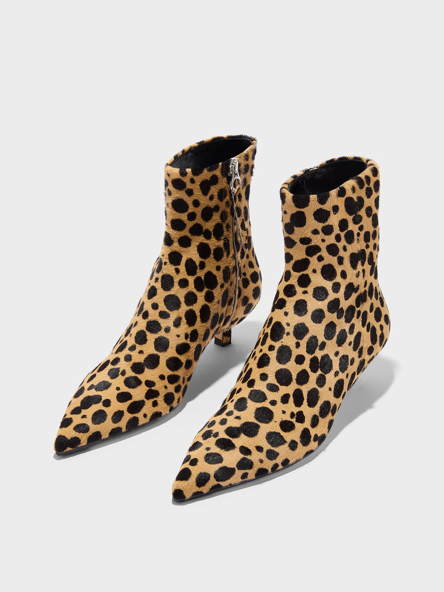 Aeyde | Sofie Leather Ankle Boots for Women | Beige/Black Ponyhair | Pointed Toe | Mid Heel | Luxury Materials | Handmade in Italy
