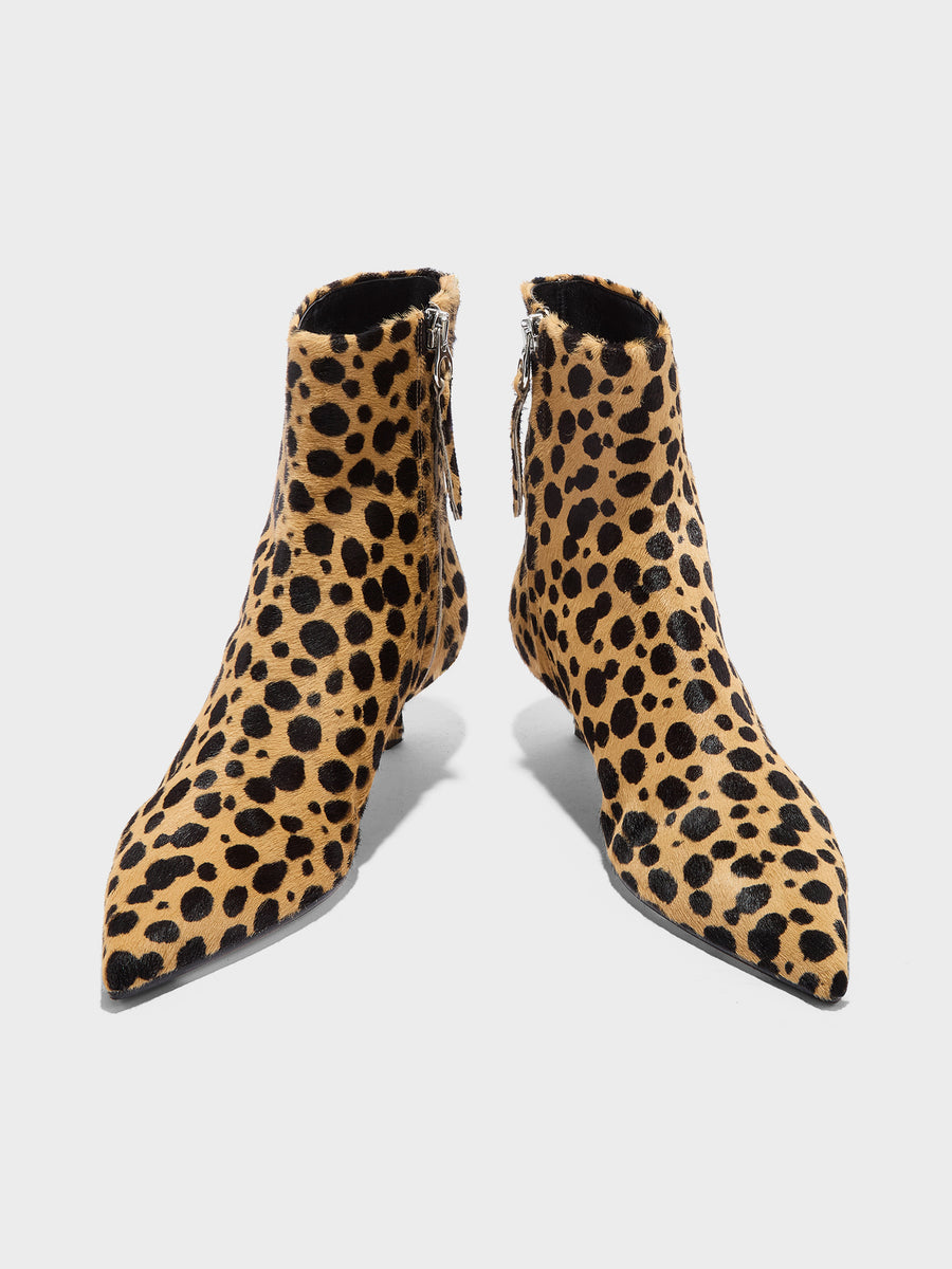 Aeyde | Sofie Leather Ankle Boots for Women | Beige/Black Ponyhair | Pointed Toe | Mid Heel | Front View