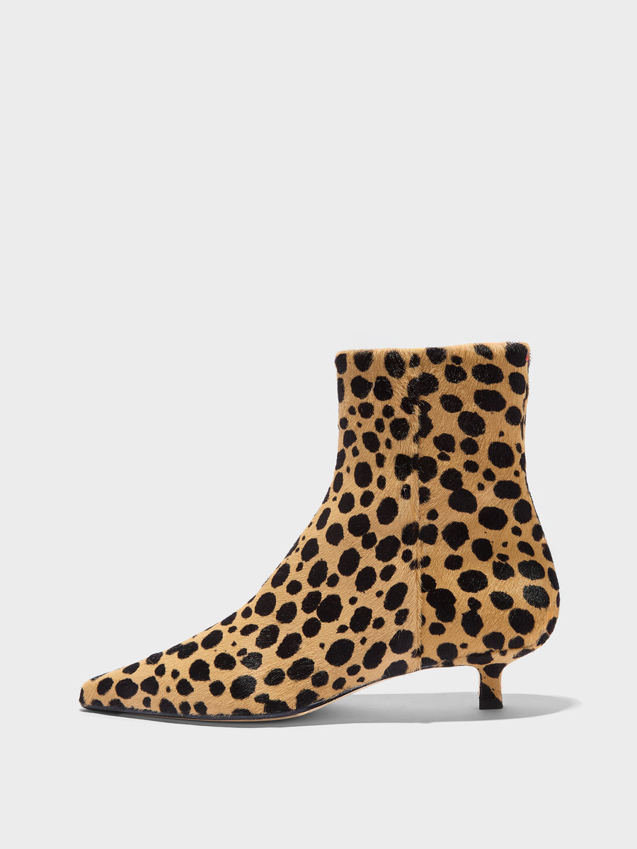 Aeyde | Sofie Leather Ankle Boots for Women | Beige/Black Ponyhair | Pointed Toe | Mid Heel | Side View