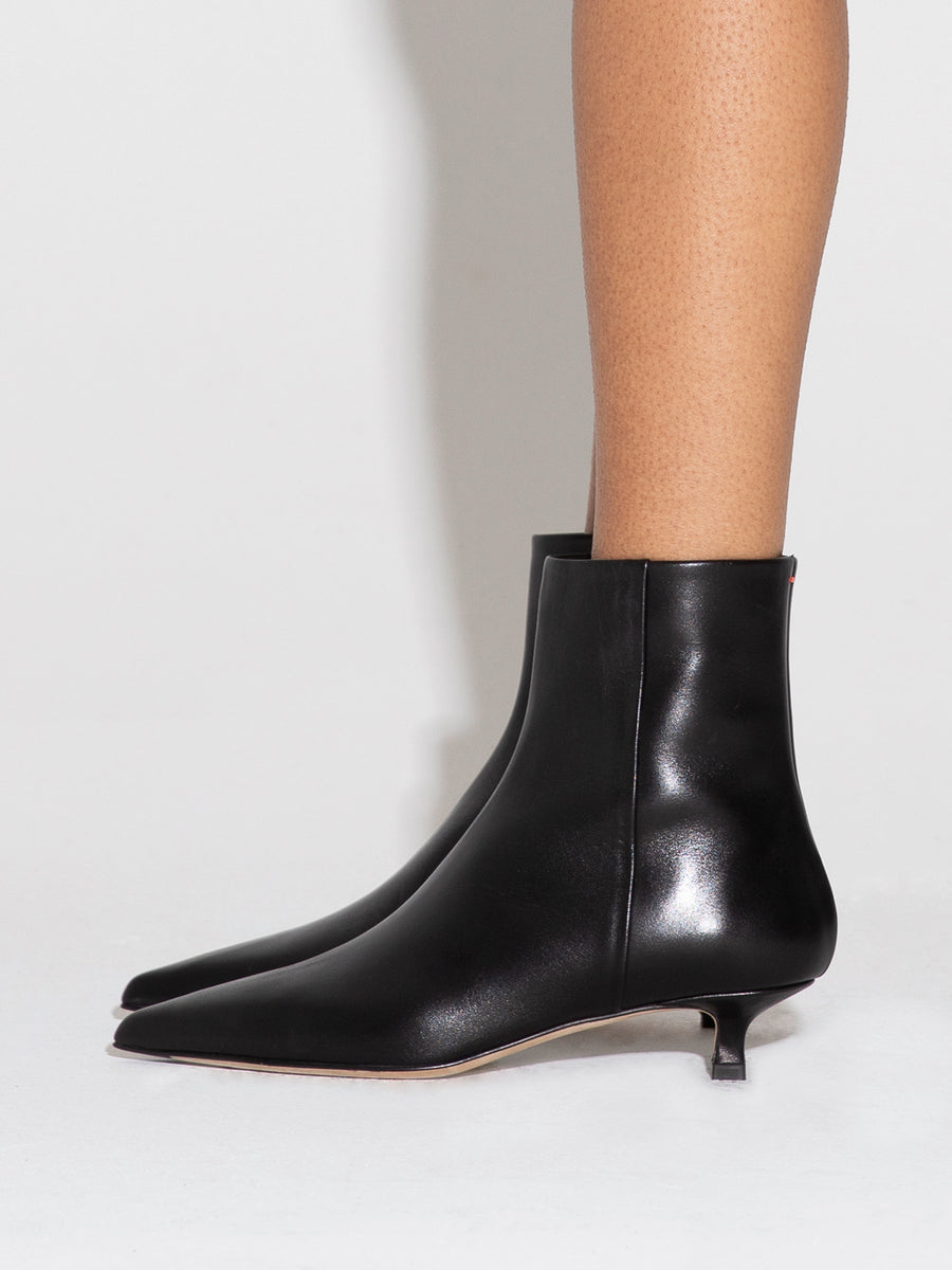 Aeyde | Sofie Leather Ankle Boots for Women | Black Nappa | Pointed Toe | Low Heel | Front View [x=50,y=42]