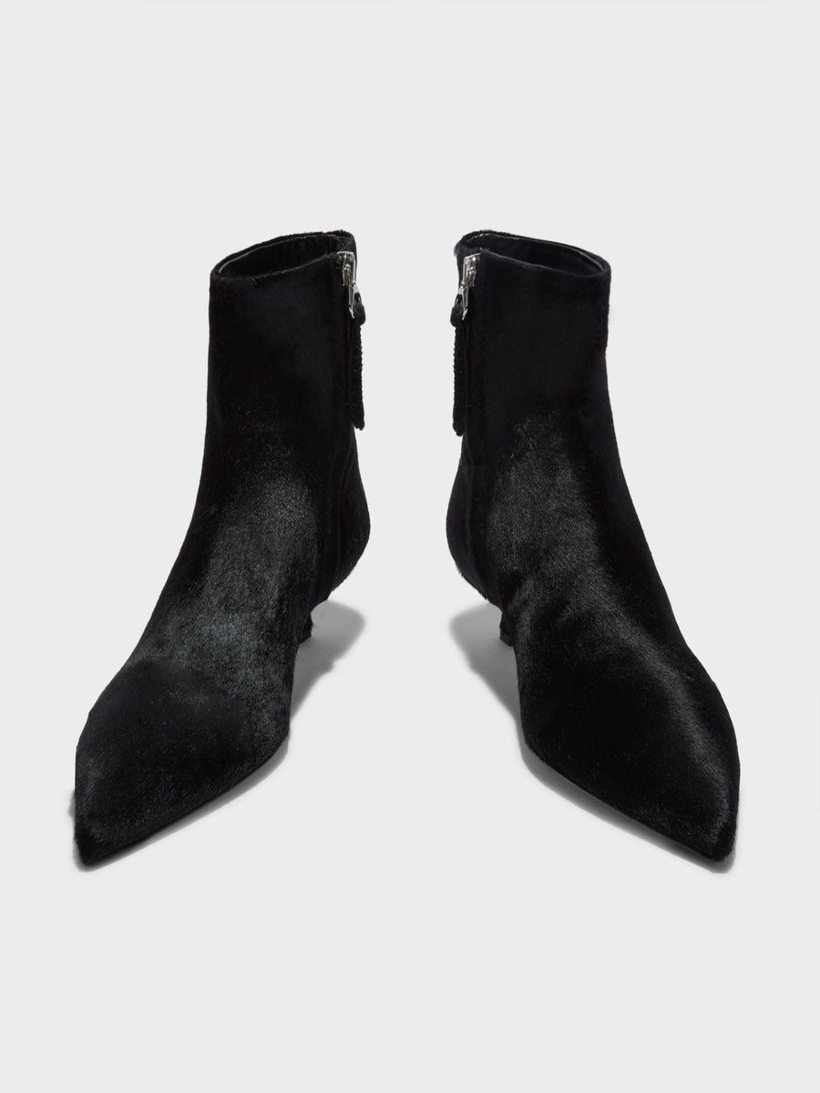 Aeyde | Sofie Pony Hair Leather Ankle Boots for Women | Black Pony Hair | Pointed Toe | Low Heel | Front View