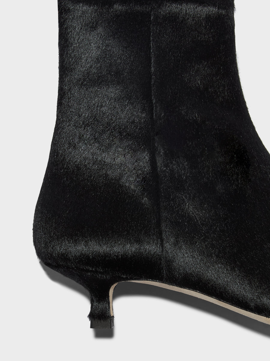 Aeyde | Sofie Pony Hair Leather Ankle Boots for Women | Black Pony Hair | Pointed Toe | Low Heel | Heel Details