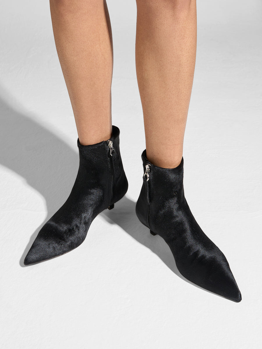 Aeyde | Sofie Pony Hair Leather Ankle Boots for Women | Black Pony Hair | Pointed Toe | Low Heel | On Feet