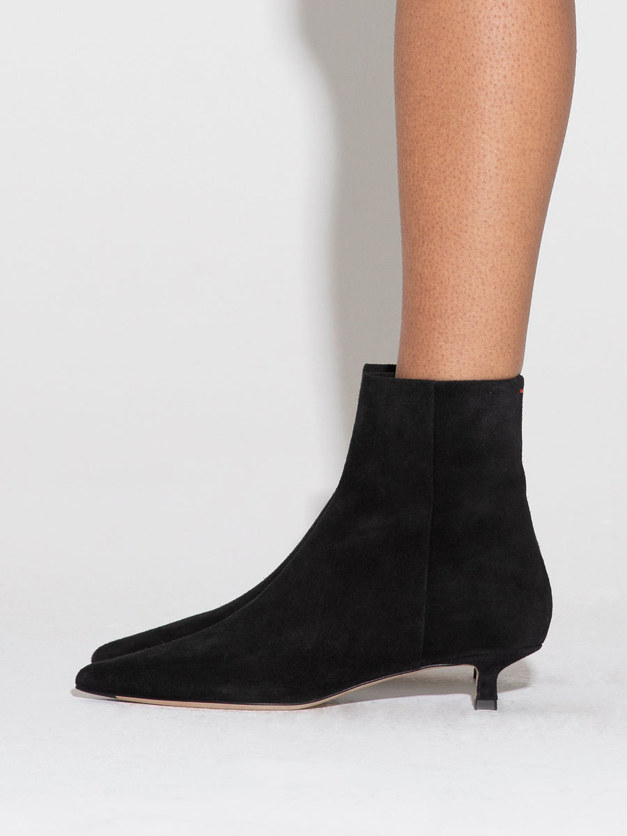 Aeyde | Sofie Leather Ankle Boots for Women | Black Suede | Pointed Toe | Low Heel | How to Style [x=50,y=42]