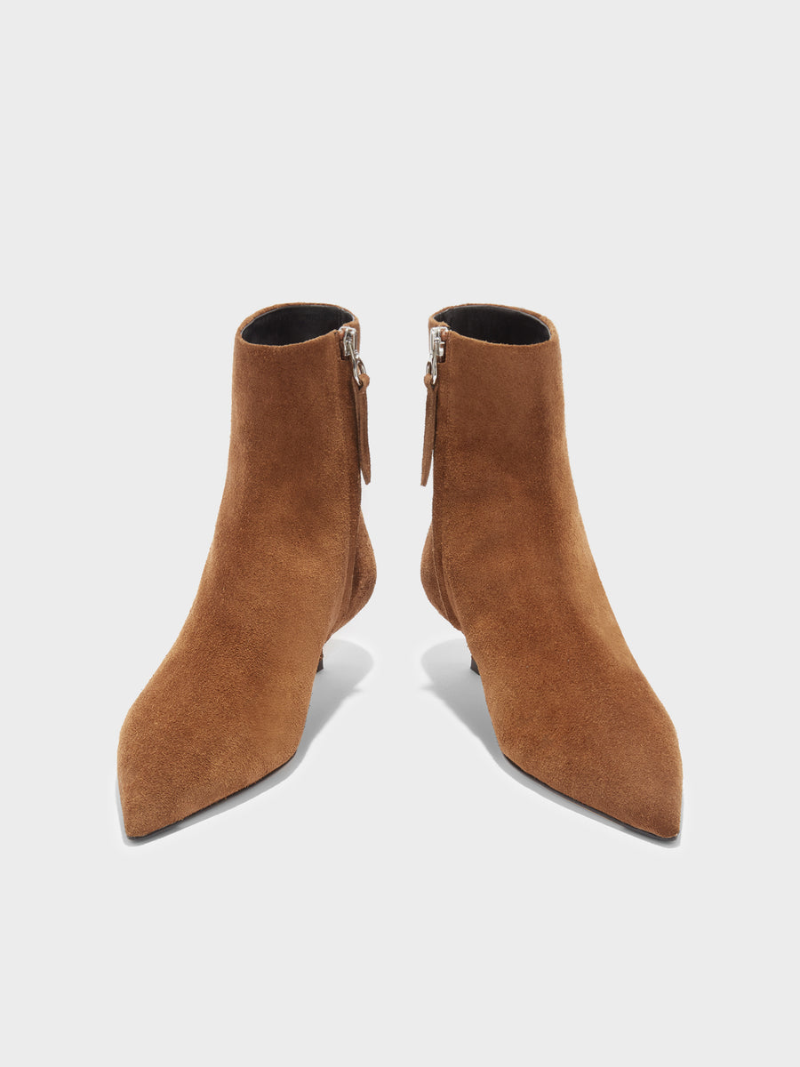 Aeyde | Sofie Leather Ankle Boots for Women | Tobacco Suede | Pointed Toe | Low Heel | Front View