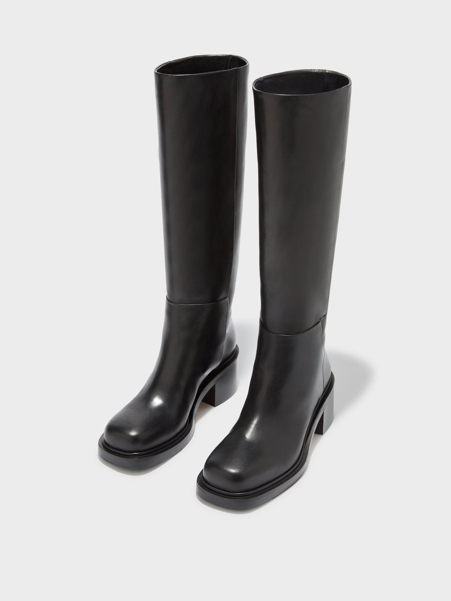 Aeyde | Taito Leather Knee High Boots for Women | Black Calf | Square Toe | Mid Heel | Luxury Materials | Handmade in Italy
