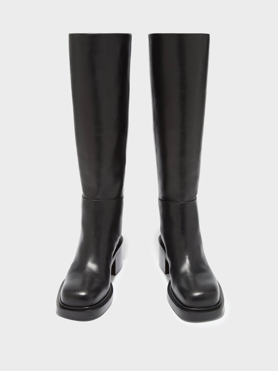 Aeyde | Taito Leather Knee High Boots for Women | Black Calf | Square Toe | Mid Heel | Front View