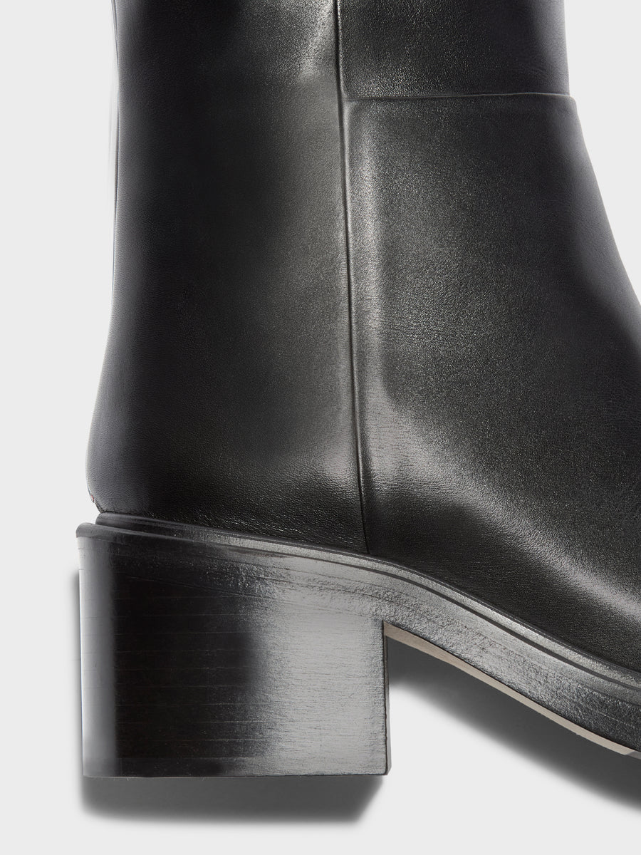 Aeyde | Taito Leather Knee High Boots for Women | Black Calf | Square Toe | Mid Heel | Heel Details