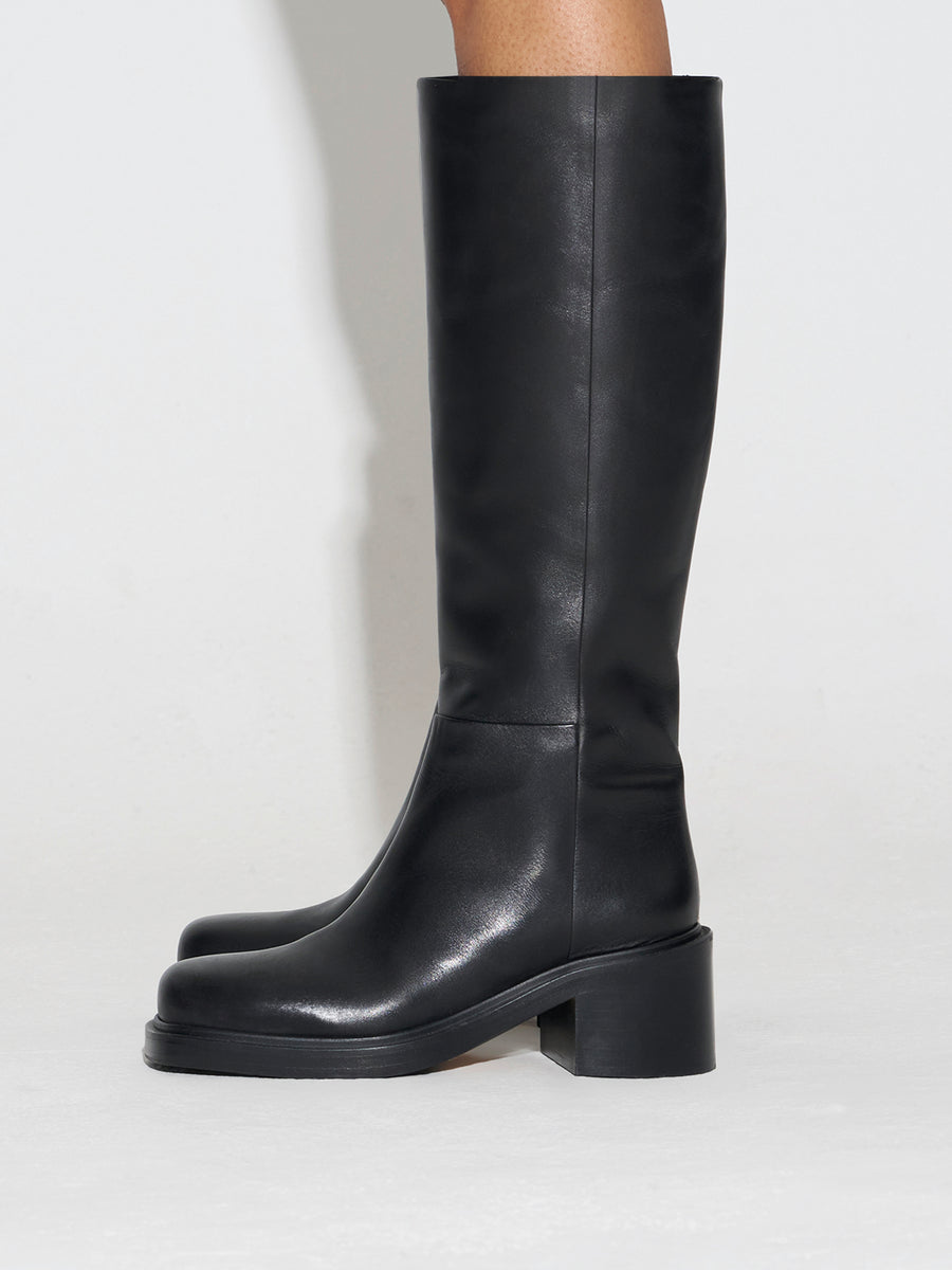 Aeyde | Taito Leather Knee High Boots for Women | Black Calf | Square Toe | Mid Heel | How to Style