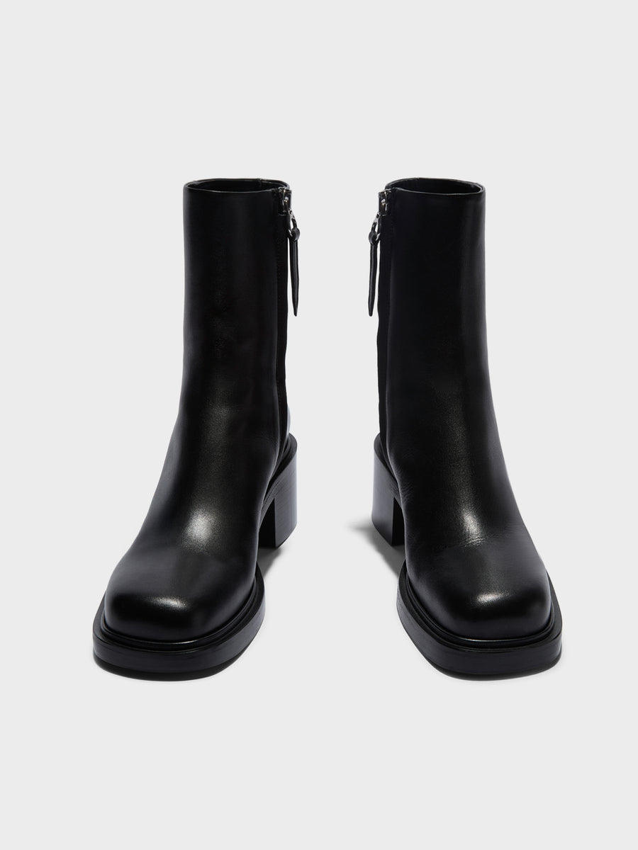 Aeyde | Teddy Leather Ankle Boots for Women | Black Calf | Square Toe | Mid Heel | Front View