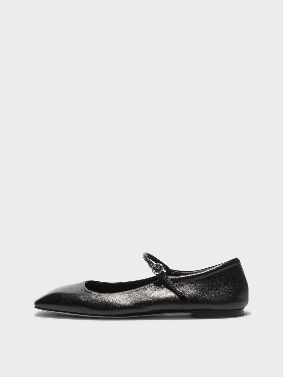 Aeyde | Uma Leather Flats for Women | Black Nappa | Square Toe | Flat Heel | Side View [x=50,y=85]