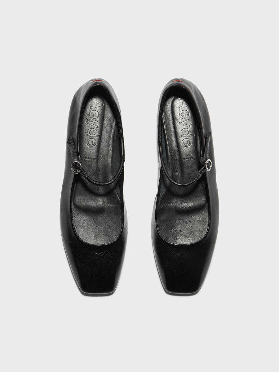 Aeyde | Uma Leather Flats for Women | Black Nappa | Square Toe | Flat Heel | Front View [x=50,y=85]