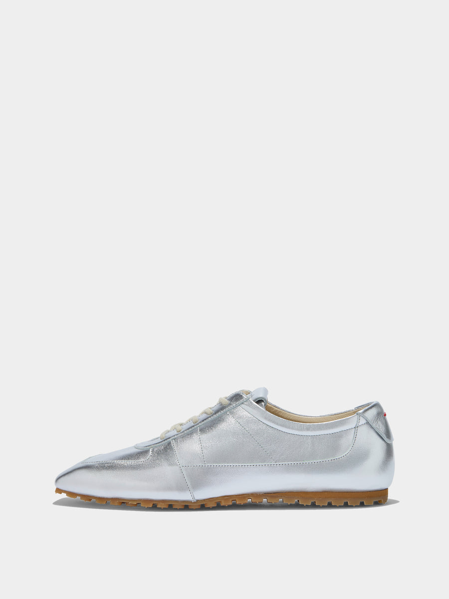 Aeyde | Uma Sneaker Leather Flats for Women | Silver Laminated Nappa | Square Toe | Flat Heel | Side View