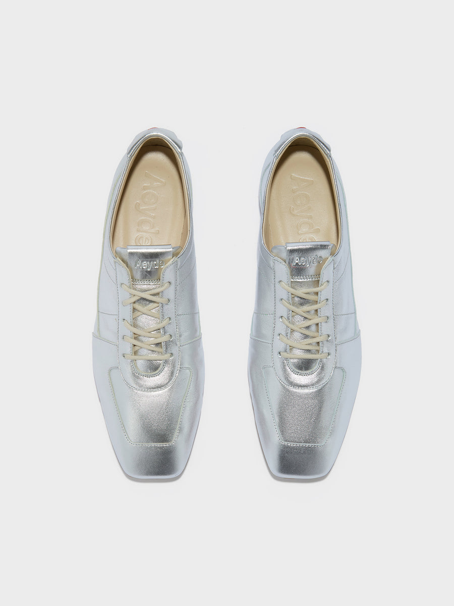 Aeyde | Uma Sneaker Leather Flats for Women | Silver Laminated Nappa | Square Toe | Flat Heel | Front View