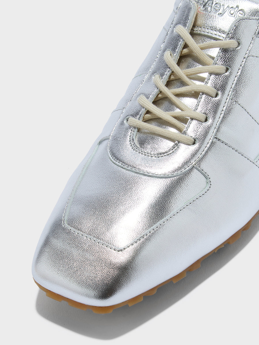 Aeyde | Uma Sneaker Leather Flats for Women | Silver Laminated Nappa | Square Toe | Flat Heel | Heel Details
