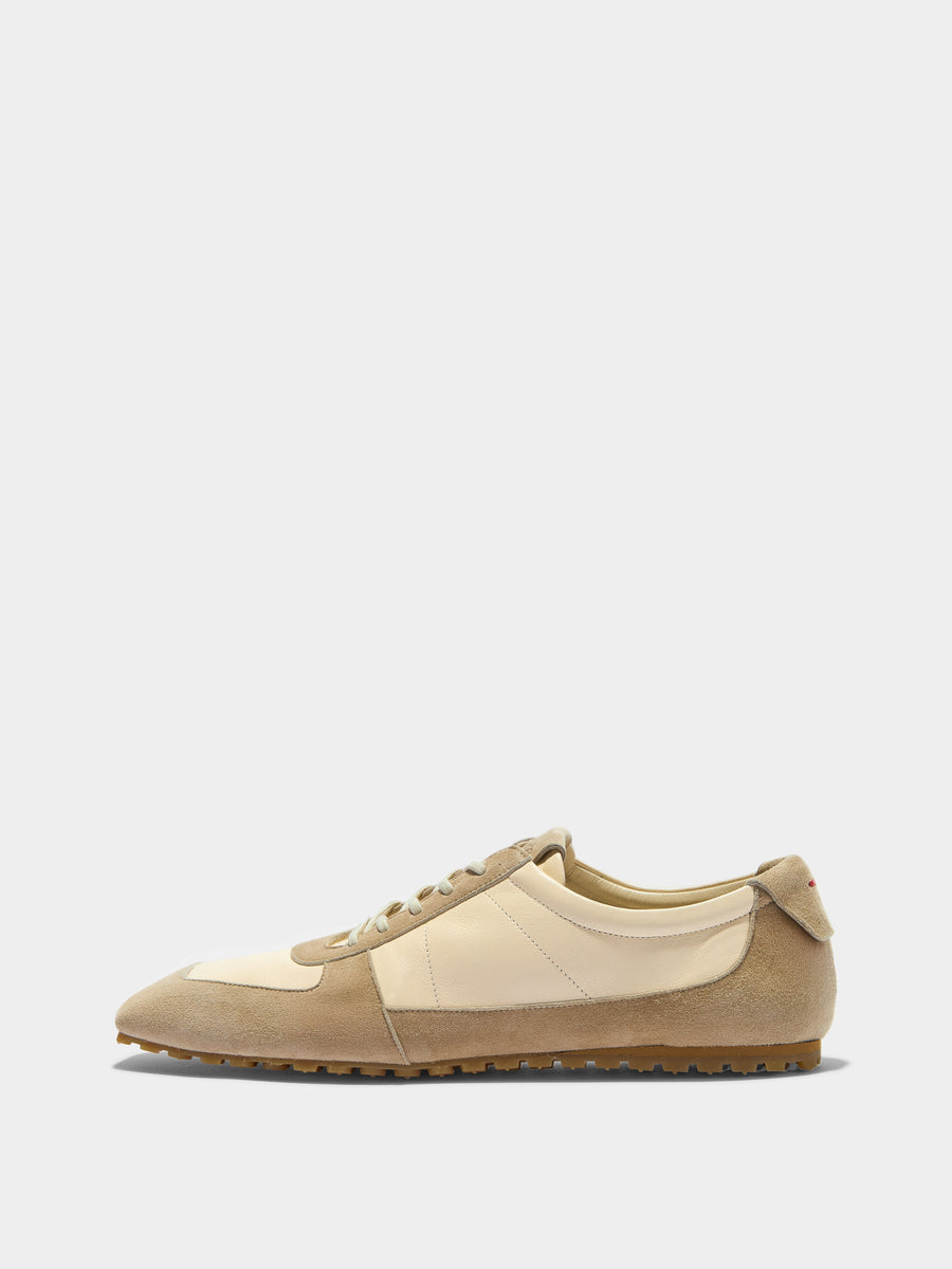 Aeyde | Uma Sneaker Leather Flats for Women | Creamy/Sand Nappa/Suede | Square Toe | Flat Heel | Side View