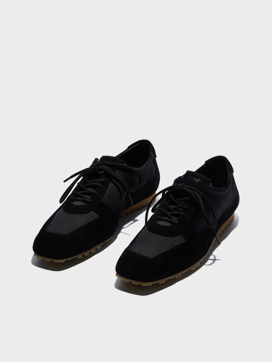 Aeyde | Uma Sneaker Leather Flats for Women | Black Satin/Suede | Square Toe | Flat Heel | Luxury Materials | Handmade in Italy