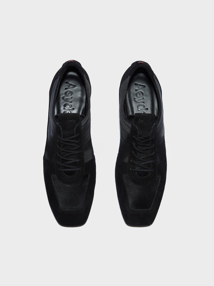 Aeyde | Uma Sneaker Leather Flats for Women | Black Satin/Suede | Square Toe | Flat Heel | Front View