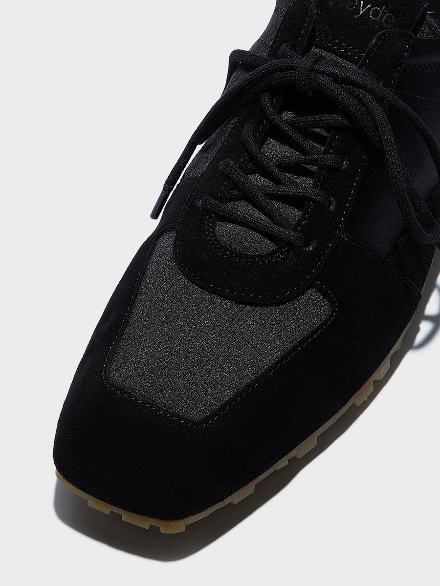 Aeyde | Uma Sneaker Leather Flats for Women | Black Satin/Suede | Square Toe | Flat Heel | Heel Details