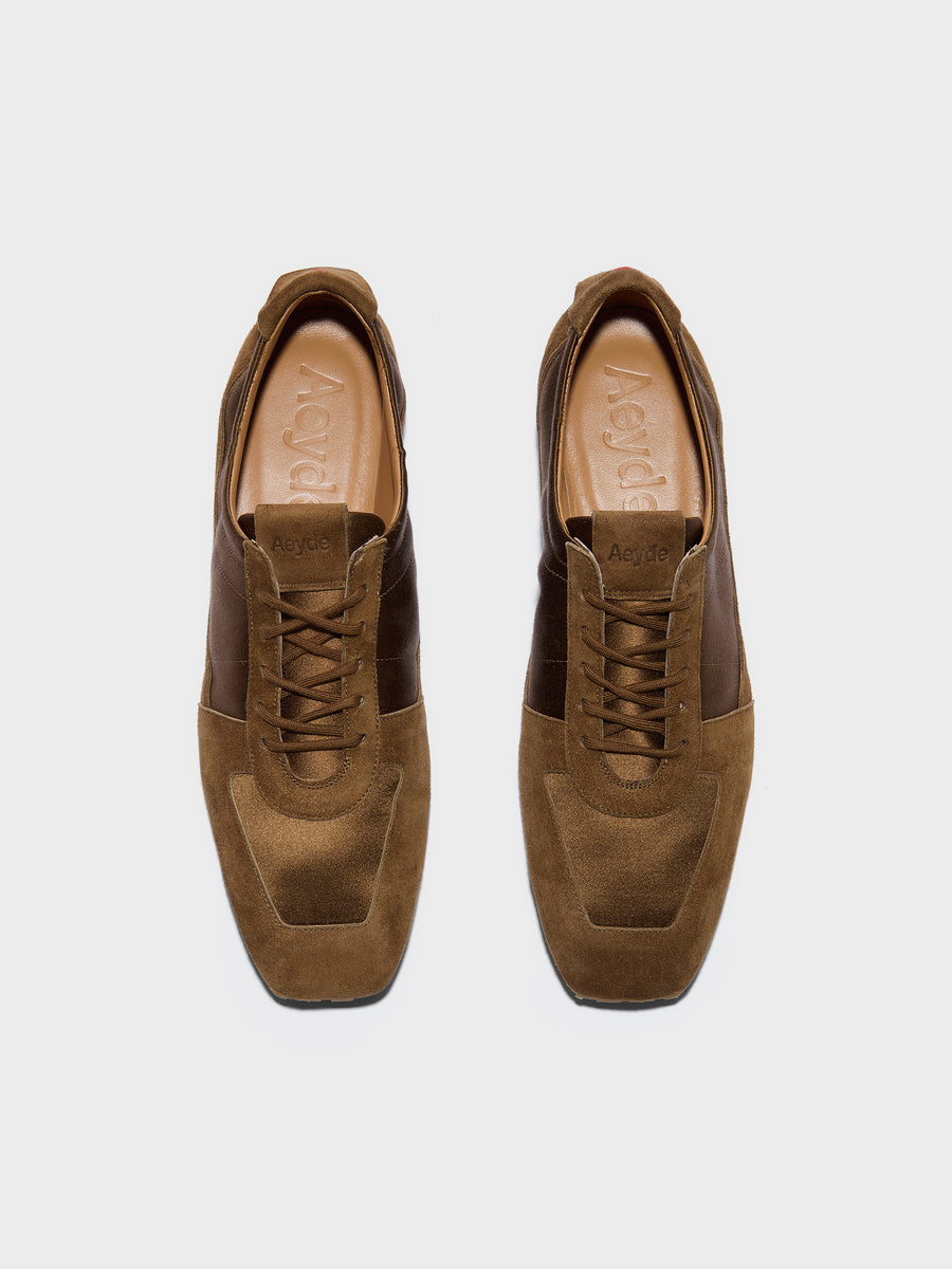 Aeyde | Uma Sneaker Leather Flats for Women | Tobacco Satin/Suede | Square Toe | Flat Heel | Front View