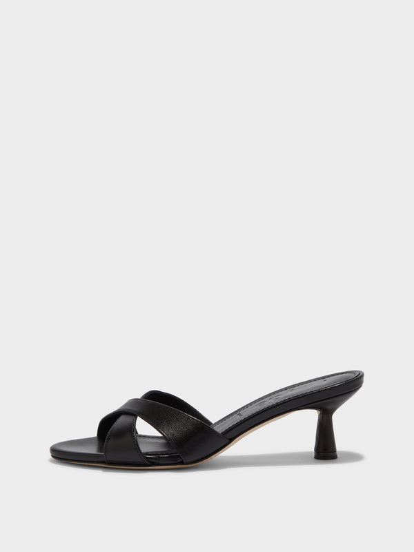 Aeyde | Vero Leather Heeled Sandals for Women | Black Nappa | Round Toe | Mid Heel | Side View [x=50,y=85]