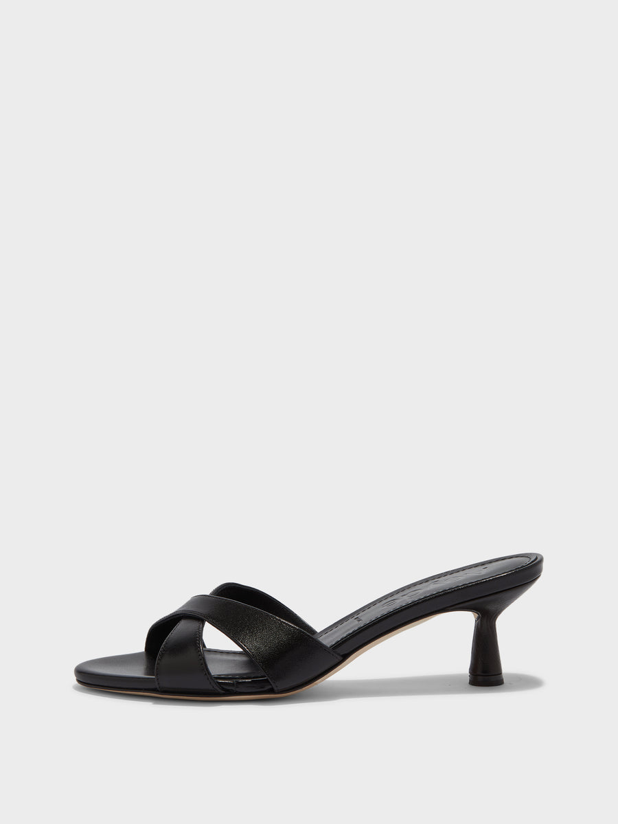 Aeyde | Vero Leather Heeled Sandals for Women | Black Nappa | Round Toe | Mid Heel | Side View [x=50,y=85]