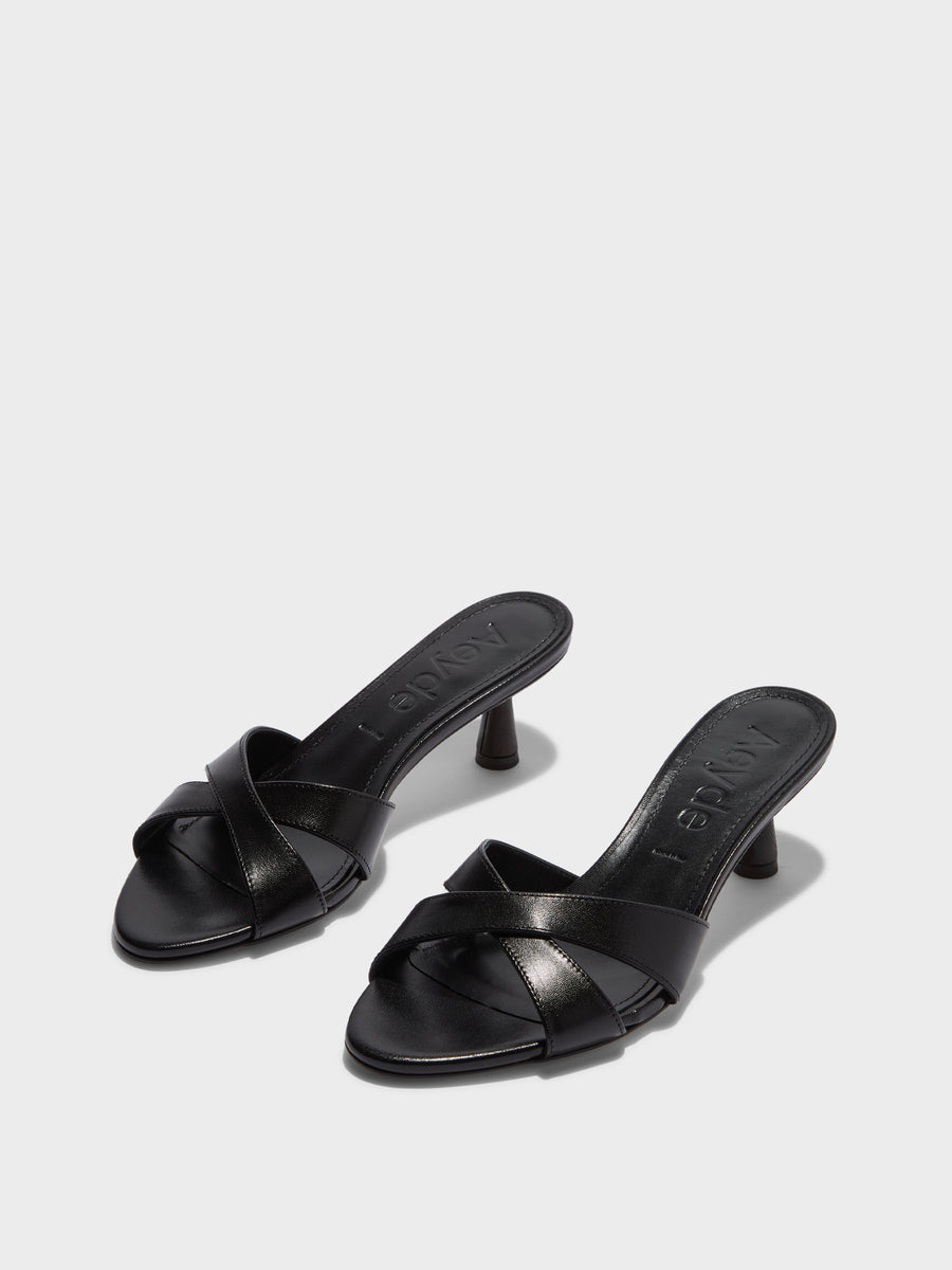 Aeyde | Vero Leather Heeled Sandals for Women | Black Nappa | Round Toe | Mid Heel | On Feet [x=50,y=85]