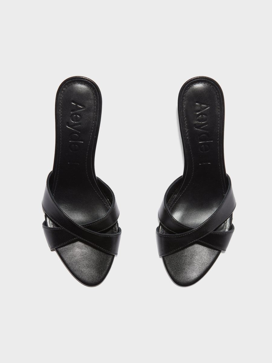 Aeyde | Vero Leather Heeled Sandals for Women | Black Nappa | Round Toe | Mid Heel | Front View [x=50,y=85]