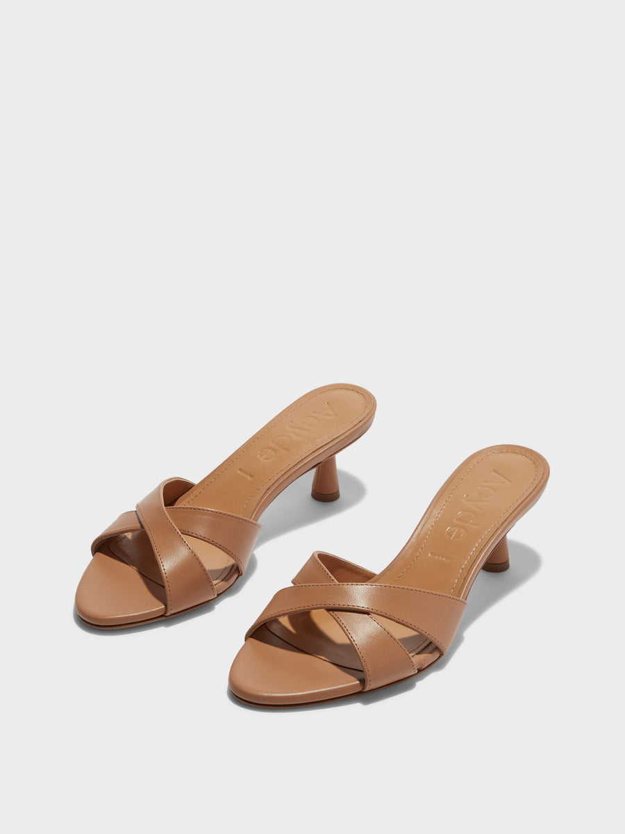 Aeyde | Vero Leather Heeled Sandals for Women | Hazelnut Nappa | Round Toe | Mid Heel | On Feet [x=50,y=85]
