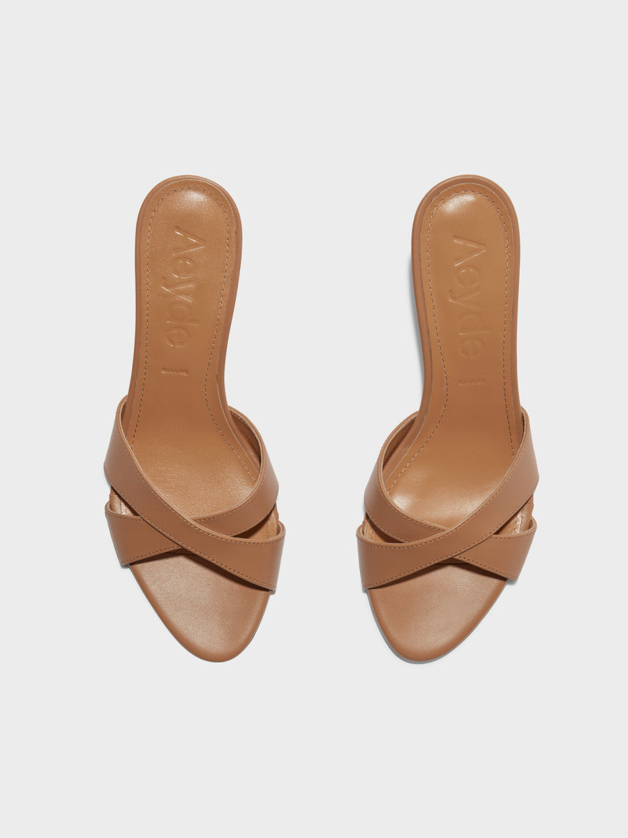 Aeyde | Vero Leather Heeled Sandals for Women | Hazelnut Nappa | Round Toe | Mid Heel | Front View [x=50,y=85]