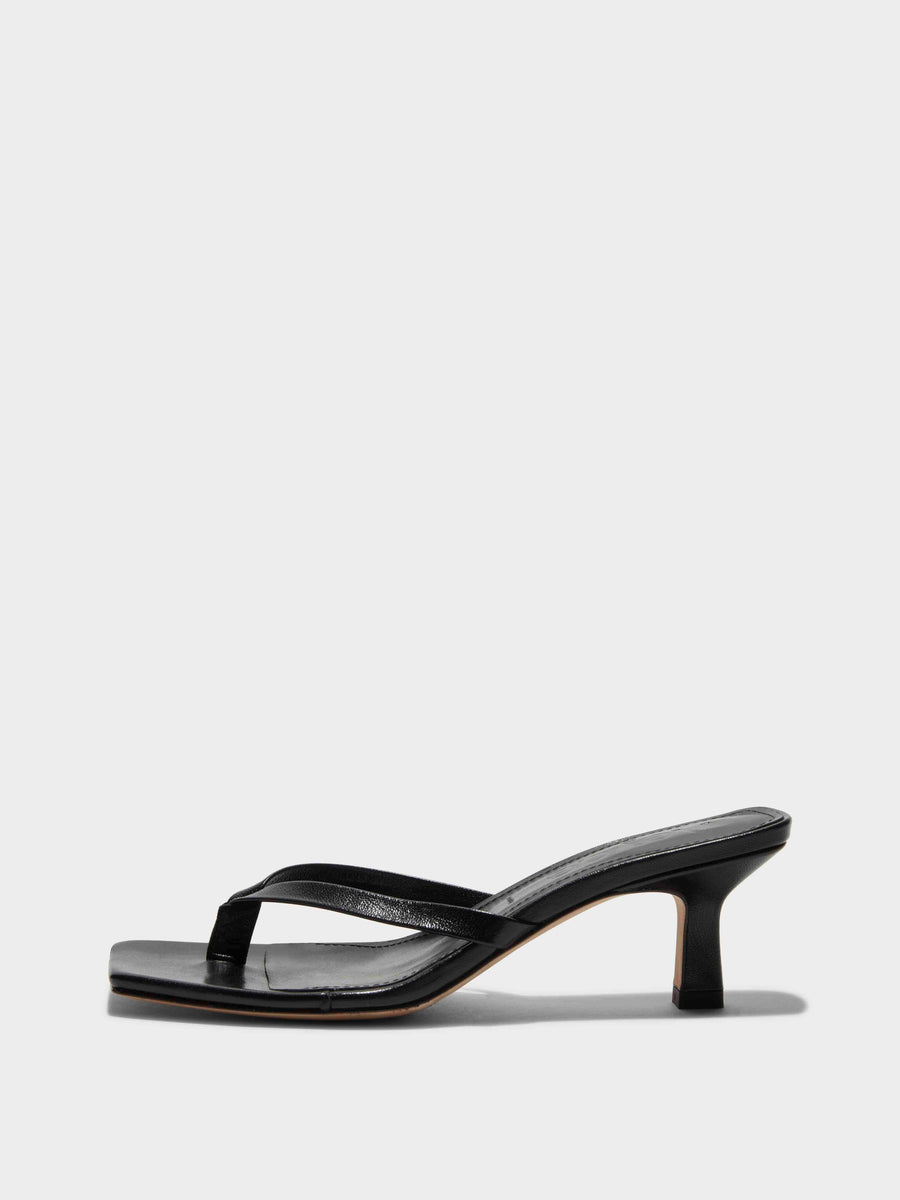 Aeyde | Wilma Leather Heeled Sandals for Women | Black Nappa | Square Toe | Mid Heel | Side View [x=50,y=85]