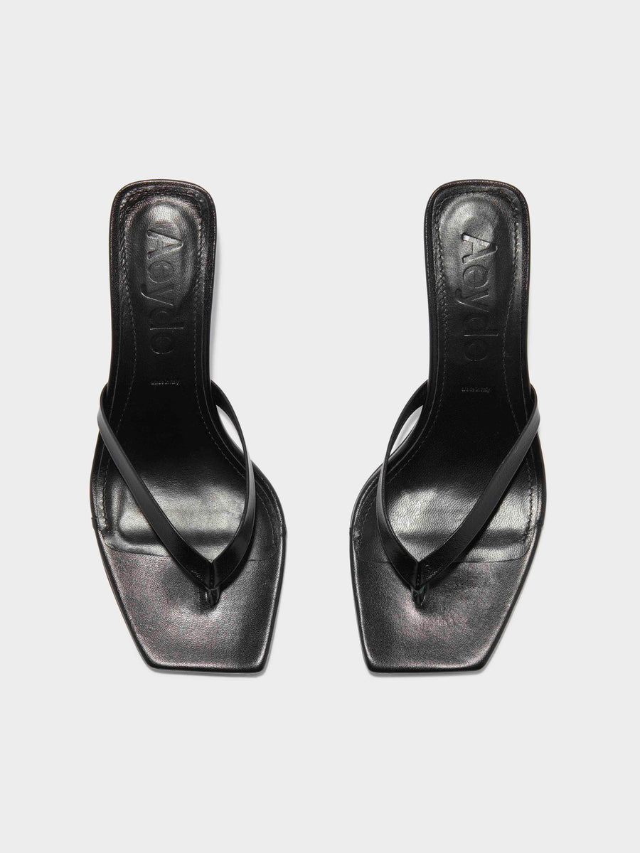 Aeyde | Wilma Leather Heeled Sandals for Women | Black Nappa | Square Toe | Mid Heel | Front View [x=50,y=85]