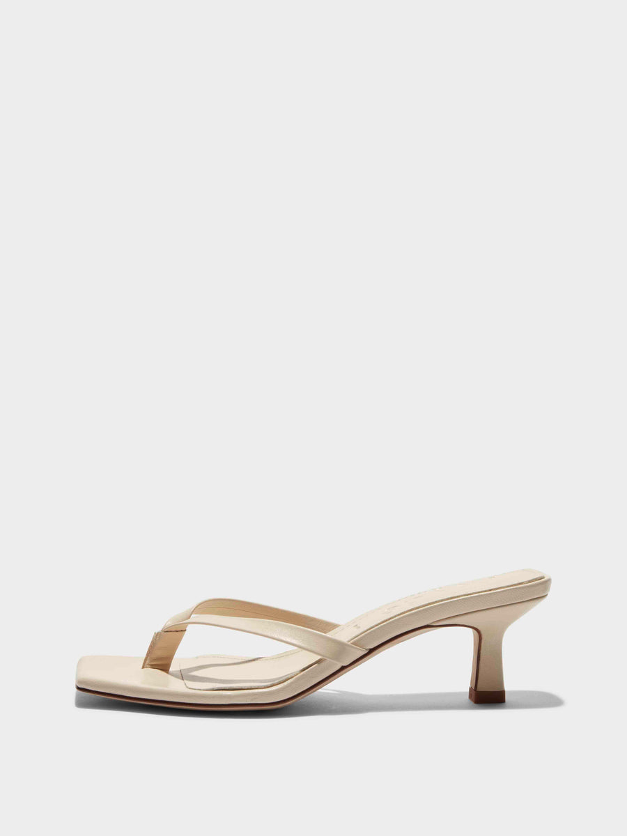 Aeyde | Wilma Leather Heeled Sandals for Women | Creamy Nappa | Square Toe | Mid Heel | Side View [x=50,y=85]